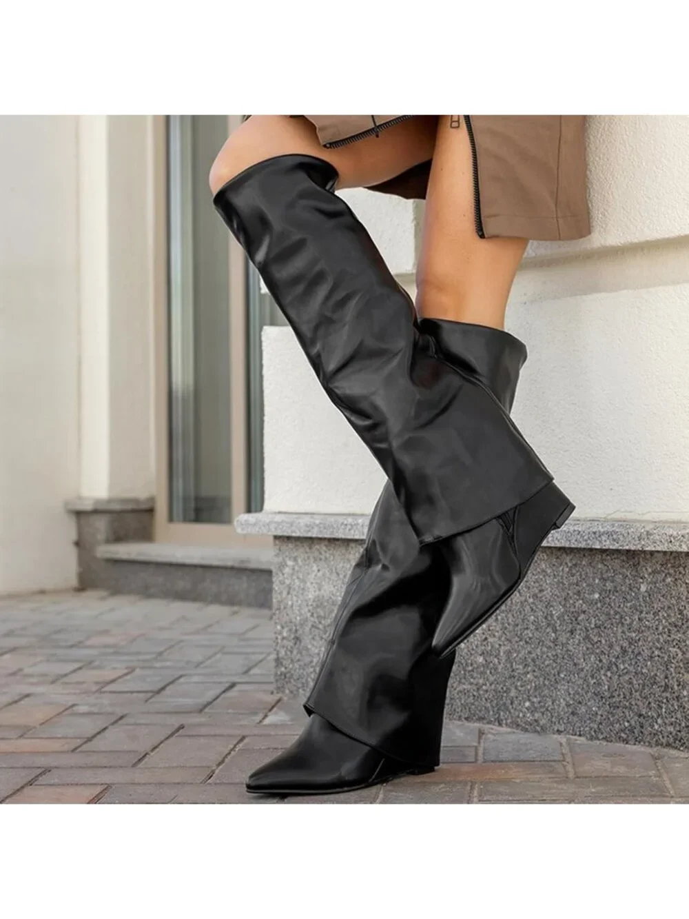Women's Black Pointed Toe Wedge Heel Comfortable Fold Over Knee High Shark Boots